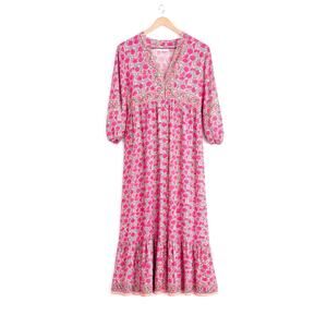 Natural Life Printed Tiered Maxi Dress Pink Sz Medium Boho